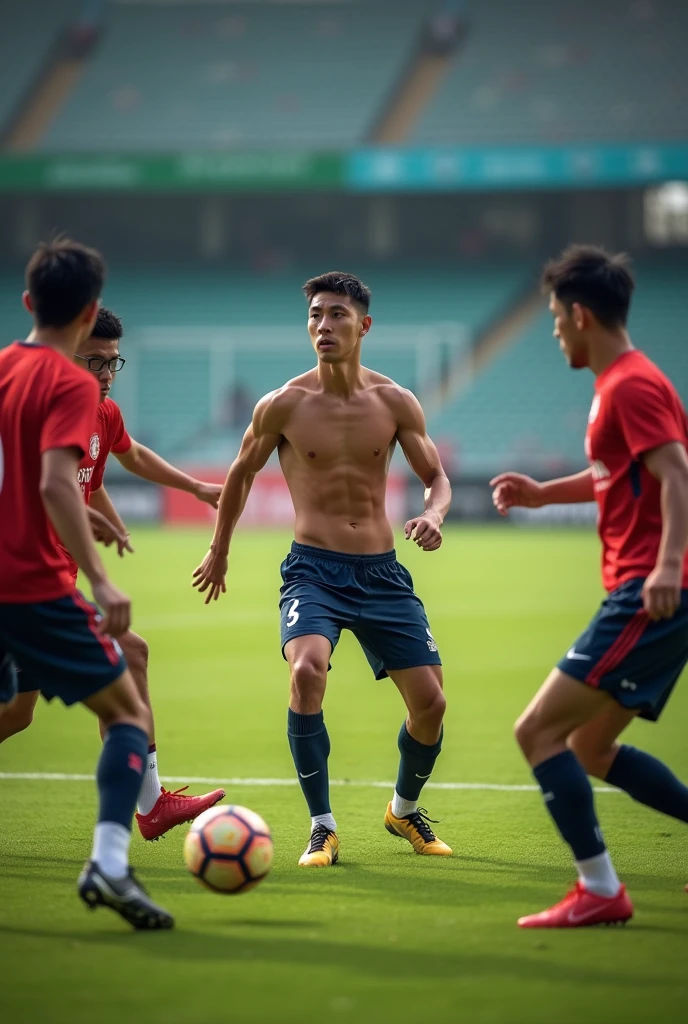 Asian football player play rondo and the player who are in the middle has no shirt and pants