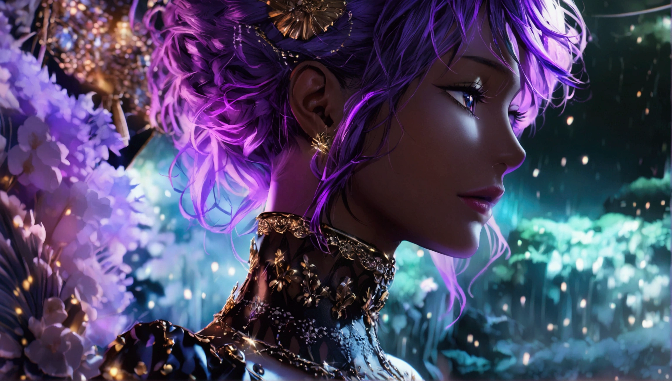 Woman, dark skin, vibrant purple hair, luxurious dress with high collar, calm expression, dark night scenery, "Anime design inspired by the world of One Piece, stunning lighting, stunning focus, stunning face, creative details, ultra-fine 2D design, creative scenery, boasting anime resolution clarity, amazing anime resolution, high-octane rendering"