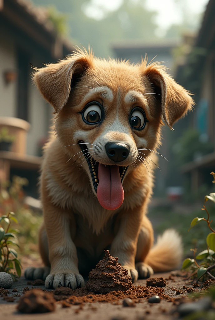A dog eating poop