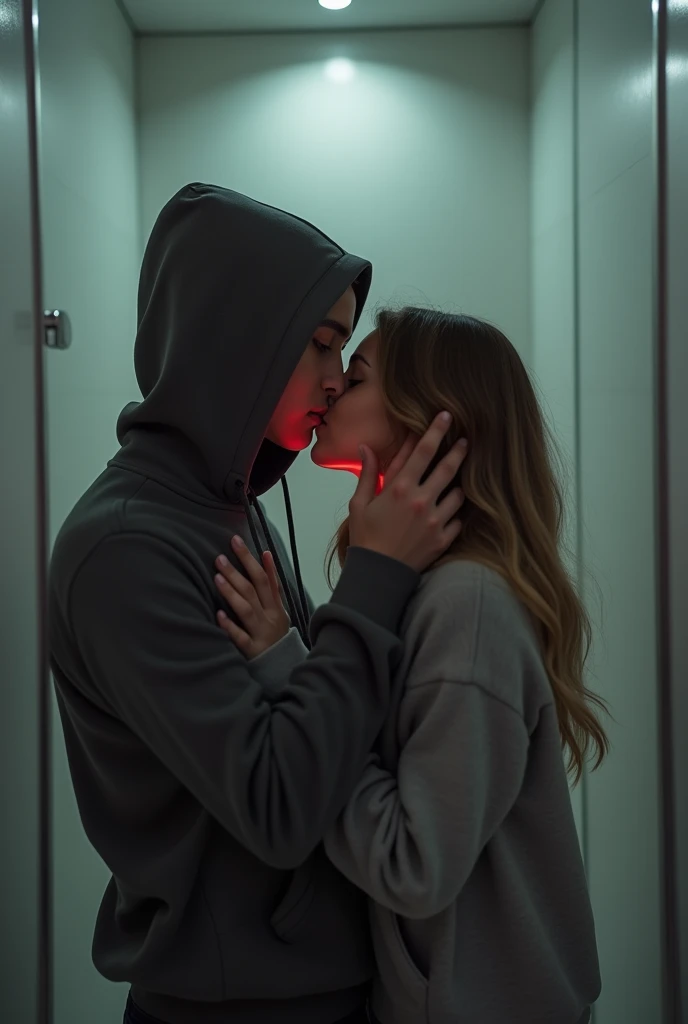 A hooded boy kissing a girl in a modern bathroom while taking a selfie with both their faces barely visible