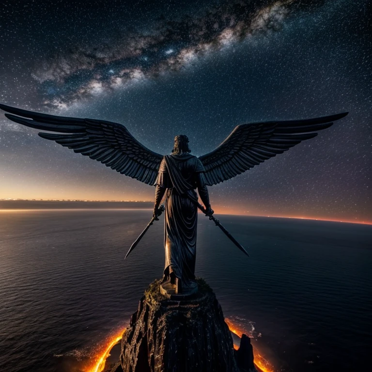 A giant statue of an angel with wings of stars with a sword of light over a sea with black waters with pockets of fire flames and in the background a black sky with a universe of millions of stars in the background over the edge of a continent.