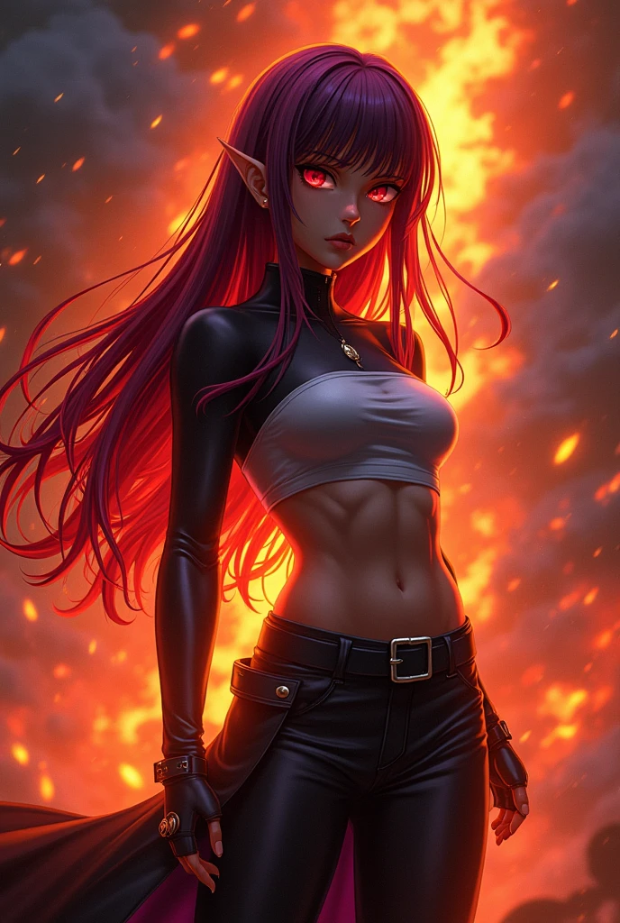 image of my hero academia.
Create a woman with straight hair with an intense shine as it is made of lava,Red eyes,White skin,fitness and feminine body.
It also creates an image of the same girl but now sleeping.,and her hair is now black with purple streaks bright as obsidian.