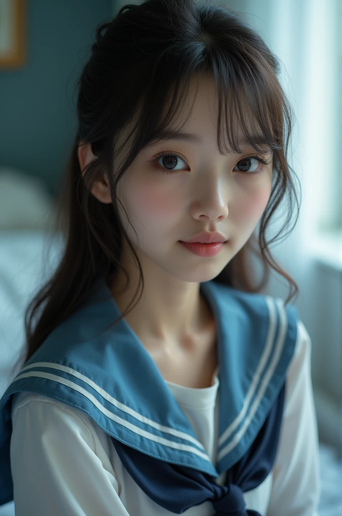 masutepiece, Best Quality, 8K, 10yaers old, , Raw photo, absurderes, award winning portrait, Smile, Solo, Idol face, violaceaess, Delicate girl, Upper body, Digital SLR, Looking at Viewer, Candid, Sophisticated,Thin arms, Professional Lighting, Film grain, chromatic abberation, (Eyes and faces with detailed:1.0), (Bokeh:1.1) , (Sailor Uniform,pinafore:1.1) , closes mouth , a bed, 
tiny bikini