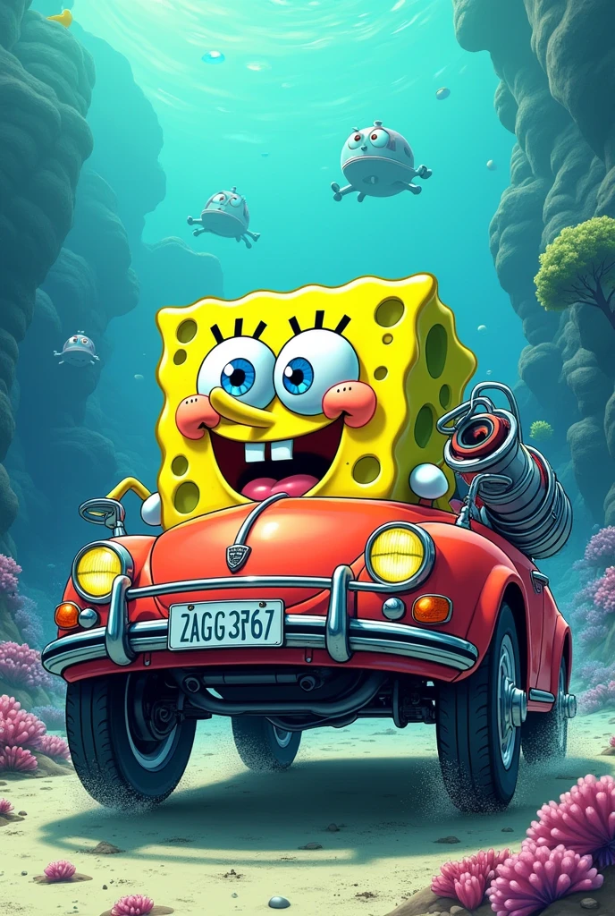 Spongeboib Squarepants drives a Porsche with big turbo, underwater, Very detailed, comic. ultra quality