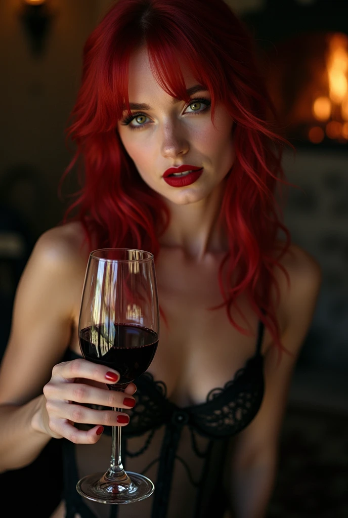 une belle femme rousse gothique, Yeux verts détaillés, lèvres rouges écartées, corset en dentelle transparente, ultra sexy, main sur la hanche, Verre à vin à la main, Manoir, cheminée, 1fille, Éclairage cinématographique, ombres dramatiques, détails ornés, ambiance maussade, peinture à l'huile, Photoréaliste, texture complexe, clair-obscur, très détaillé, primé, 8k, hyper réaliste, chef-d'œuvre
