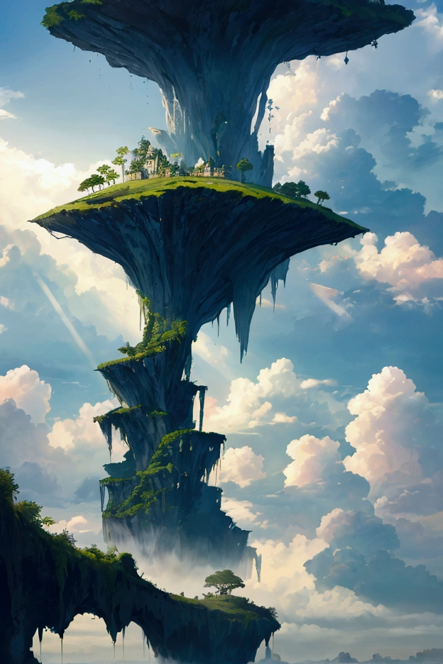 Visualize a fantastical world with floating islands in the sky. The dramatic clouds swirl around the islands, and vibrant sunlight breaks through, illuminating the lush greenery and waterfalls cascading from the islands, evoking a sense of wonder and adventure.anime style