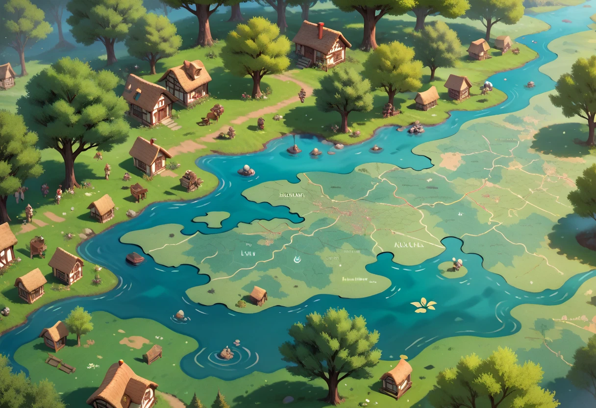a map of a medieval elf village, elf houses, large trees, mystical village, old map, cartography, masterpiece quality, ultra HD, 4K, best quality