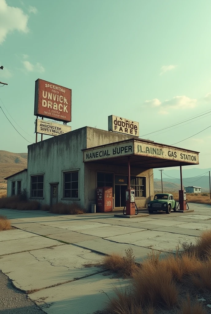 "A run-down gas station on the edge of town 