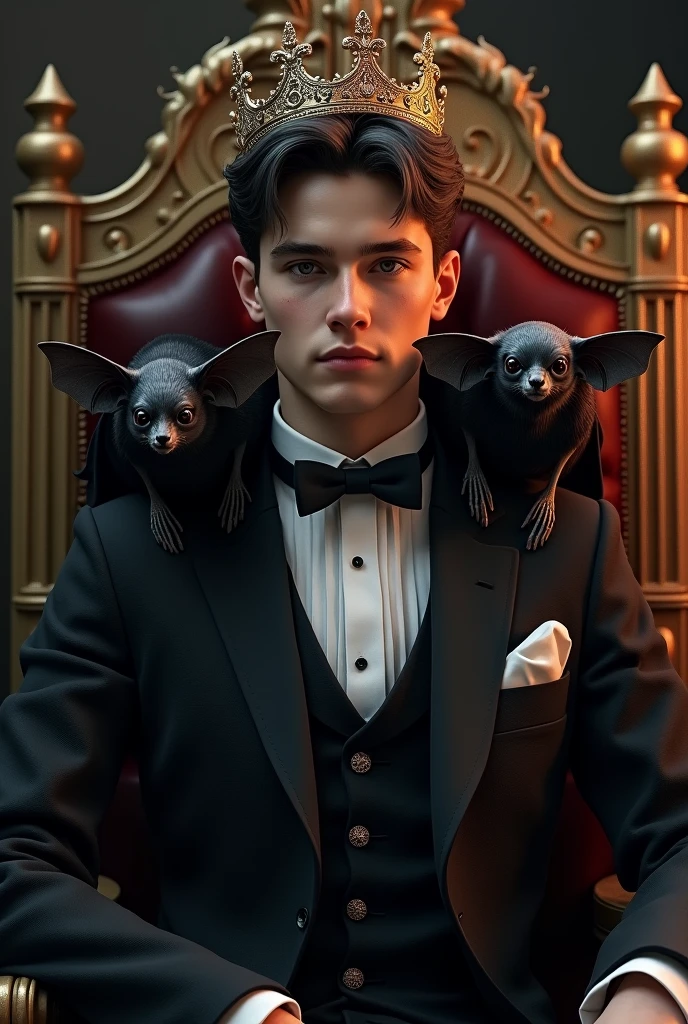 Young king with crown short hair, black dress, sitting in his chair with two bats on each shoulder. realism