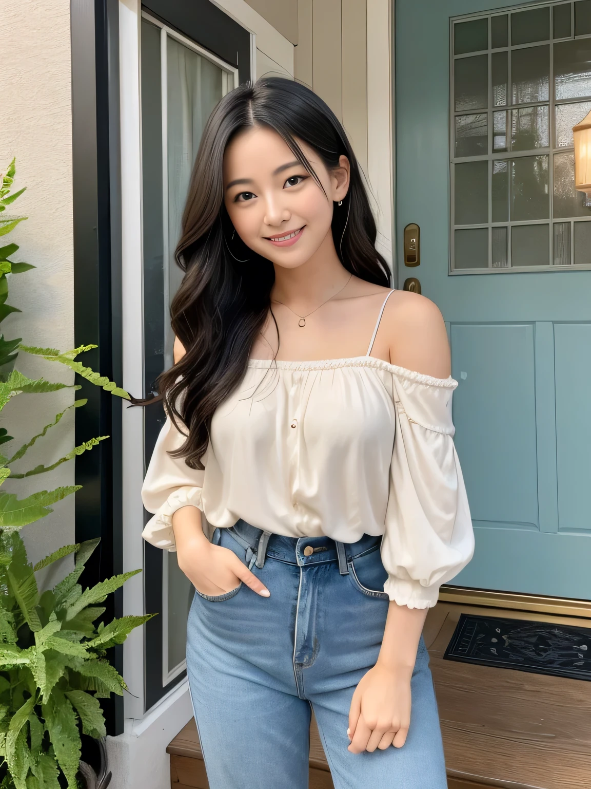 「A 35-year-old woman、Standing at the entrance to your home with a warm and welcoming smile、Opening the door。She has shoulder-length black hair、The hair tips are slightly curled、Perhaps a light-colored blouse and jeans.、Wearing comfortable, casual clothing。The entrance to the house is charming、Behind her you can see the simple but cozy interior.、With soft lighting、It has a living room feel with a sofa and some plants.。The background outside the door、It reminds me of a quiet suburban residential area in the evening.、The soft sunset casts a warm glow on her face。Her face is full of love and happiness、It's as if she is waiting to welcome someone she loves dearly.。