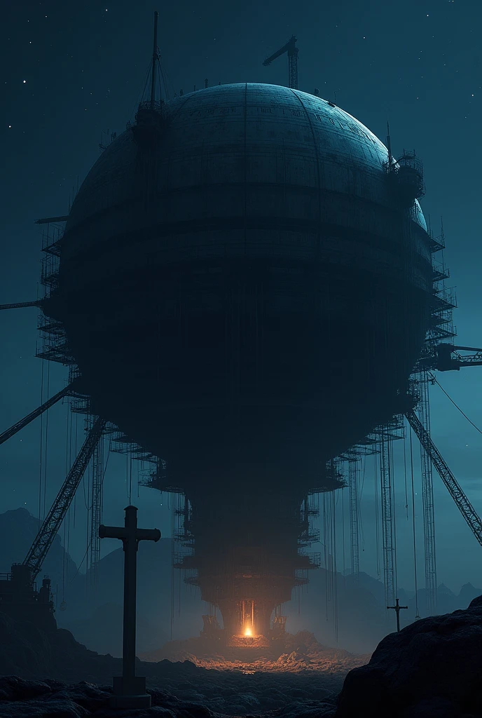 Generates an image of a giant structure under construction that is STARTING completely from scratch, having gaps.in the form of a huge sphere in the night sky