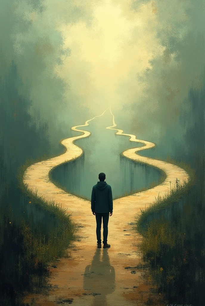 A person visualizes himself with multiple paths around him, each representing different aspects of life