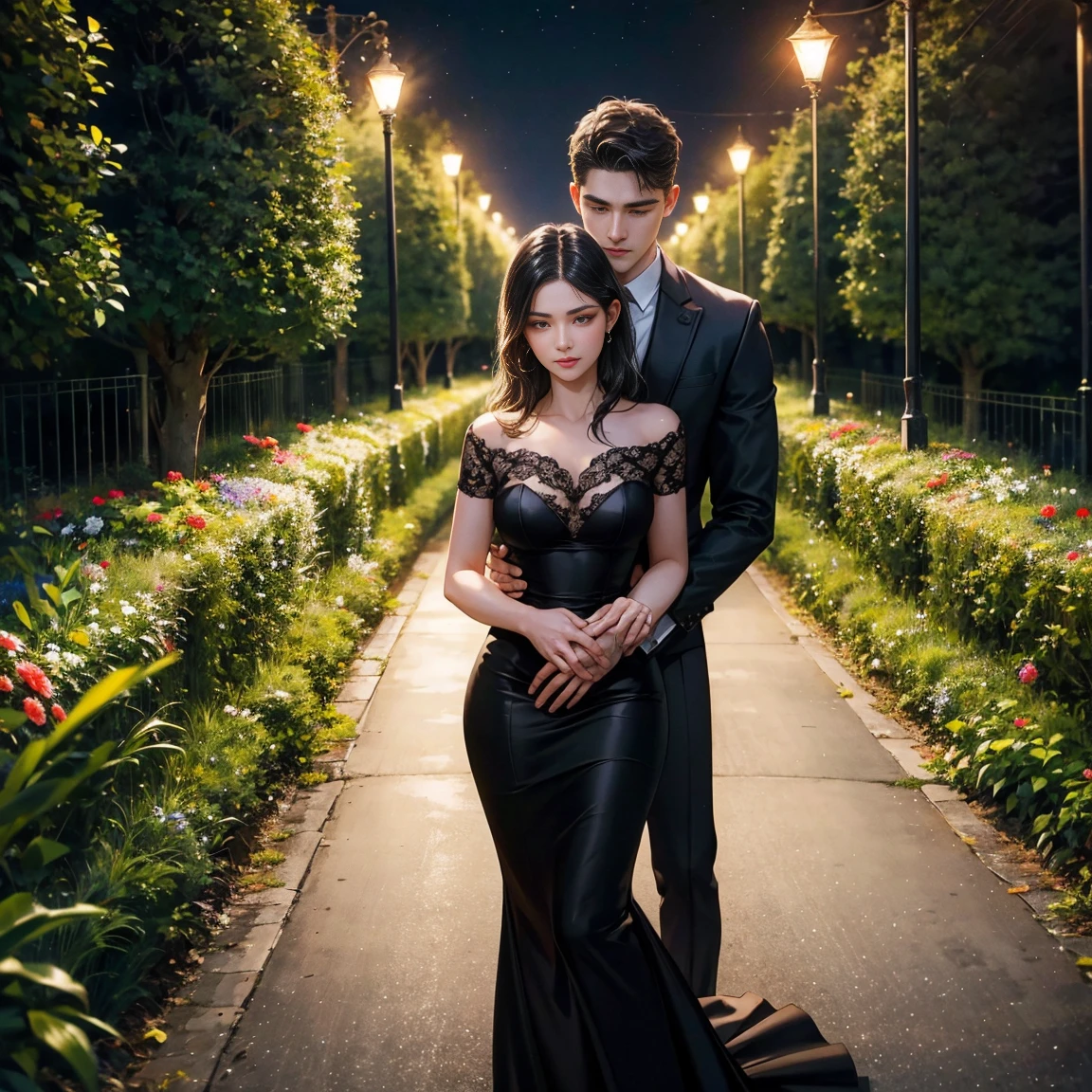 Night Flower Garden,Tyndall Light,Couple hugging from behind,Black Short Hairstyles for Boys,handsome,A young woman with long, wavy black hair,black dress,footpath ,The lights are dim.,Half body 4k
