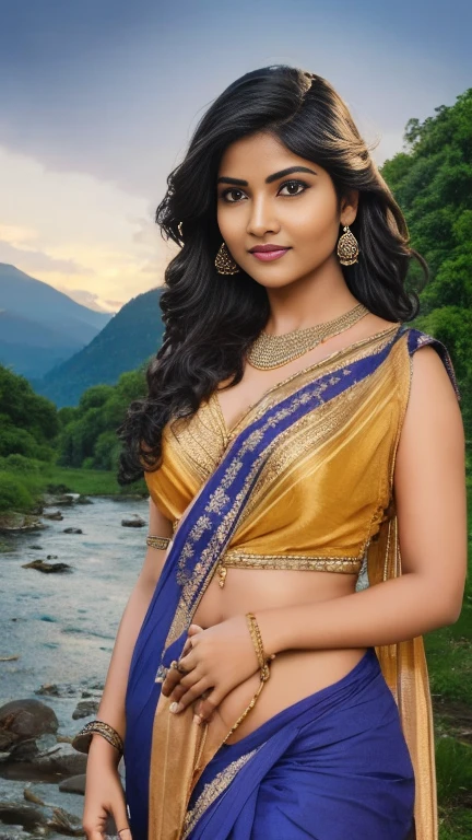 Beautiful young indian woman, village, wearing saree, river and mountain landsape, moonlit night, age, detailed face, detailed body, symmetric face, cute, iconic, photorealistic, , big belly, belly piercing, soft body, wavy hair, masterpiece, 8k, ultra realistic, detailed background, palace, god rays, ambient occlusion