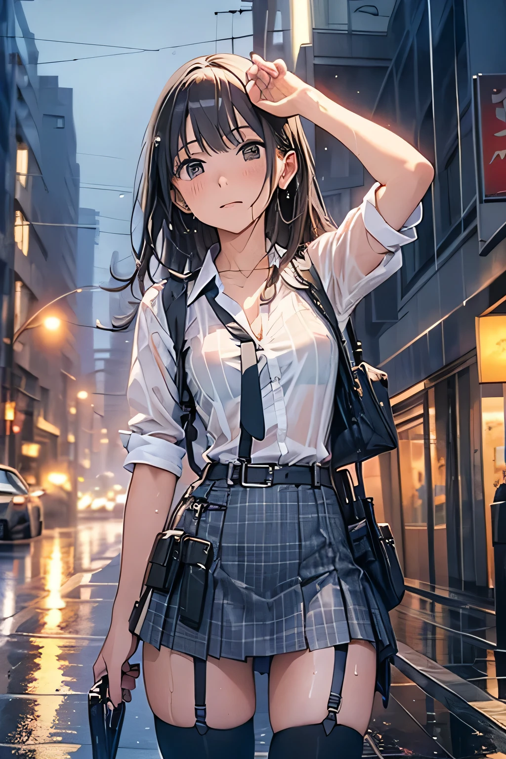 1 female, , high quality, masterpiece, Ultra-high resolution, Cinema Lighting, 1 female, , high quality, masterpiece, Ultra-high resolution, , Cinema Lighting, suspenders Moderate breasts Small face Looking up Sweat Thin belt buzzer 脇Sweat garter belt Belt on pants holster Hands behind your back Looking up Anxious face Knee-high Knee socks Knee-highソックス garter ふとももにgarter belt Checkered mini skirt Panty shot Skirt gap Armament holster holster Hands behind your back Anxious expression Anxious face, legs apart Armament Leg Holster holster See-through clothing heavy rain Rain-soaked dress shirt,Moderate breasts ガーターbelt suspenders Garter on the thigh Checkered mini skirt Looking up Pause belt Armpit sweat Hands behind back Raise your hands heavy rain See-through Getting wet in the rain