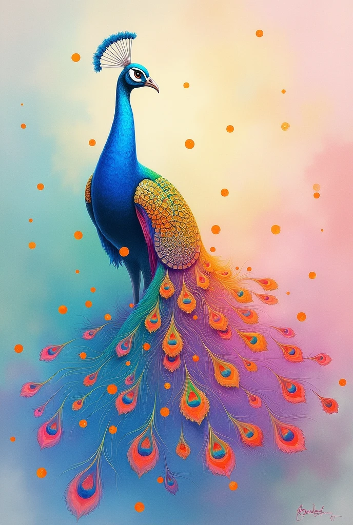 Colour full doted peacock painting with pastel colour combination