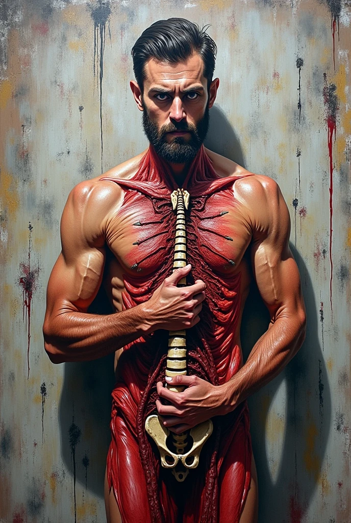 A man stand with his spine in hand in front of his flesh.make it an graffiti