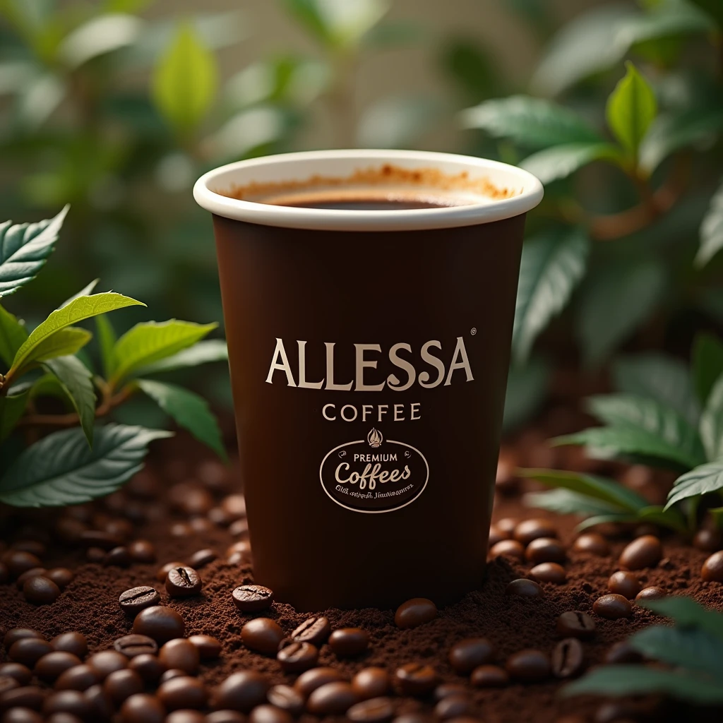 Create a bright dark brown coffee cup that says ALLESSA COFFEE and below it a circle that says Premium Coffee and below that a sentence that says 100% Coffee% Jinotegano with a pleasant aroma and exquisite flavor and the cup is on roasted coffee beans and ground coffee and surrounded by coffee plants