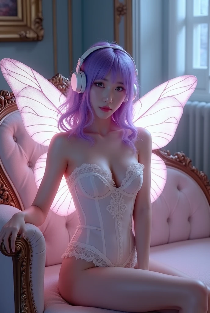 Mulher borboleta de cabelo roxo e fone de ouvido e asas brilhates coreana Realistic, (masterpiece:1.4, best quality), (intricate details), unity 8k wallpaper, ultra detailed, (pastel colors:1.3), (lace) underwear and corset, beautiful and aesthetic, 1girl, detailed, solo, Victorian mansion