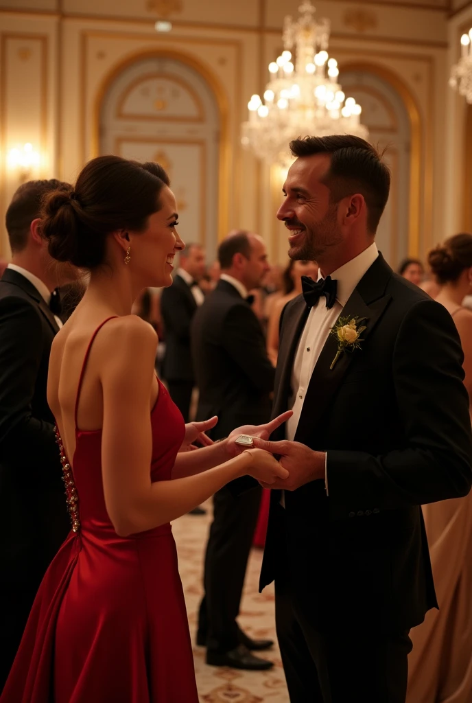A formal charity gala scene with guests in elegant attire. A sophisticated man is extending an invitation to a woman dressed elegantly. The venue is grand with tasteful decorations, soft lighting, and a refined atmosphere