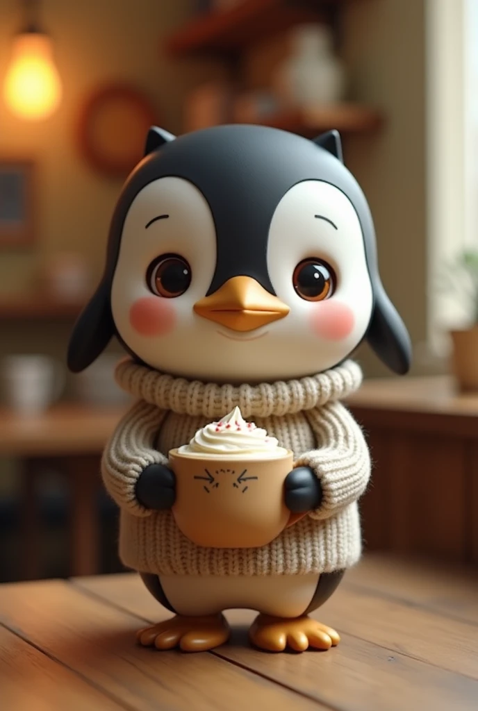 Chibi doll with penguin head holding cat-shaped cappuccino