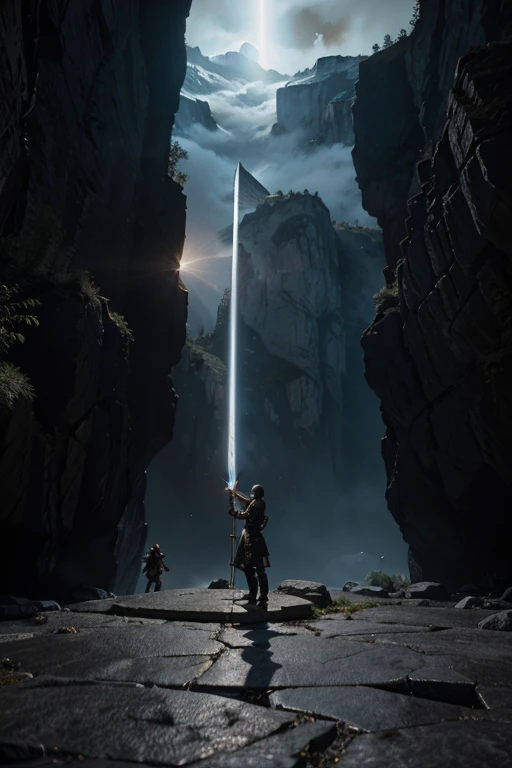 RPG,Sword in the rock,A hero trying to grab the sword,Light pours out from the cracks in the rocks,Friends watching over,The beginning of the legend