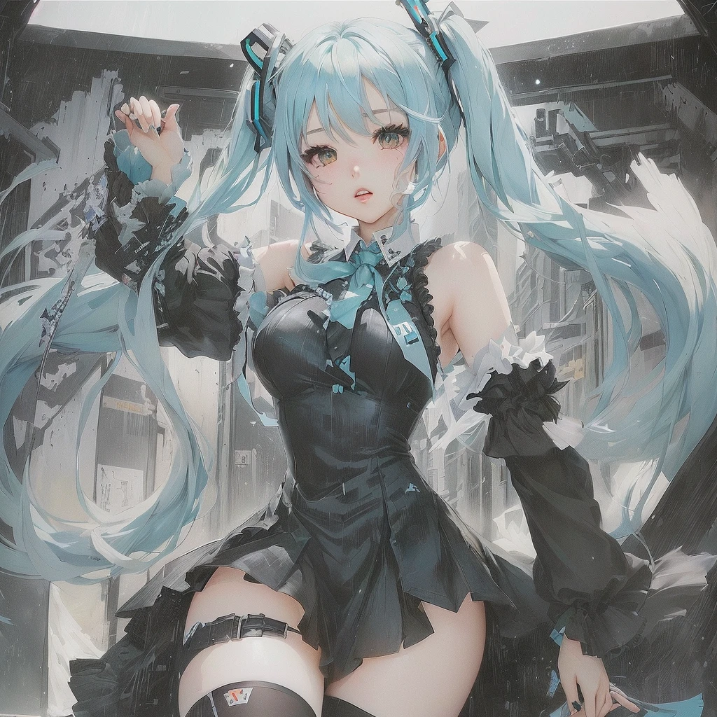 Anime girl with blue hair and black dress poses for photo, Gwaiz on pixiv artstation, Mikudayo, Miku, Gwaiz on artstation pixiv, Gwaiz, Digital art on Pixiv, Pixiv 3DCG, artstation pixivでトレンド, hatsune Miku, artwork in the style of Gwaiz