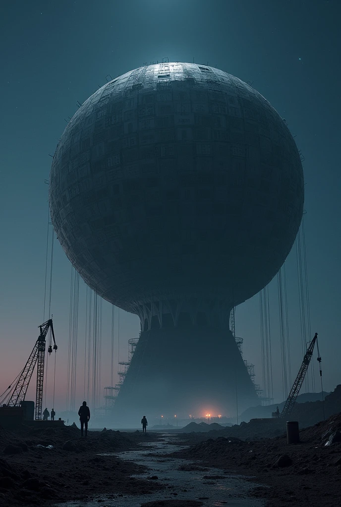 Generates an image of a giant structure under construction that is STARTING completely from scratch, having gaps.in the form of a huge sphere in the night sky. Make it VERY much from scratch, Construction is just beginning