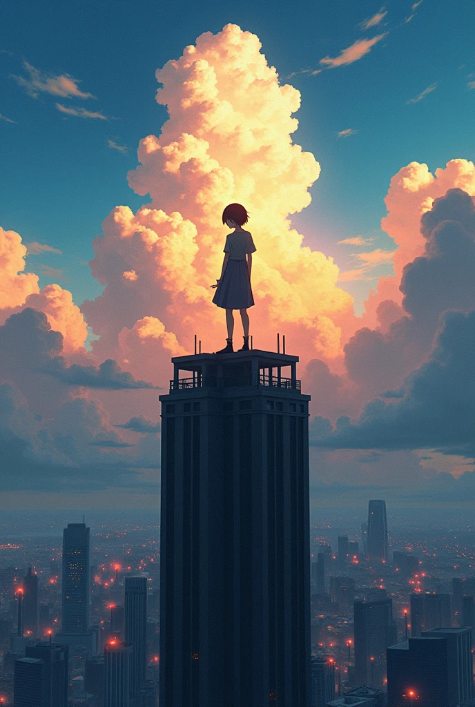 Picture an anime character standing on a rooftop in a bustling city. The sky is filled with dramatic beautiful clouds, and the vibrant sunlight creates a striking contrast with the urban landscape, highlighting the character's silhouette and adding a sense of drama and introspection.
