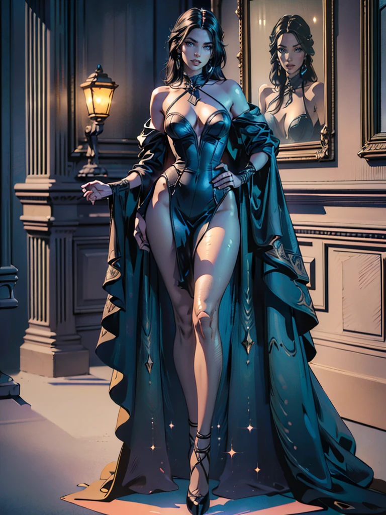 (Photorealistic: 1.5), Ultra Detail, slim European model, Masterpiece, full body pose, wearing a sexy black dress, exposed legs due to high heels, black hair cascading down, small stature, incredibly realistic, (realistic: 1.6), (detailed skin: 1.4), (best quality), (photorealistic: 1.4), night scene, outdoor setting, street lights illuminating the scene, soft focus on the model's face, sharp focus on the dress and heels, RAW photo, high resolution, dramatic lighting, cinematic effect.