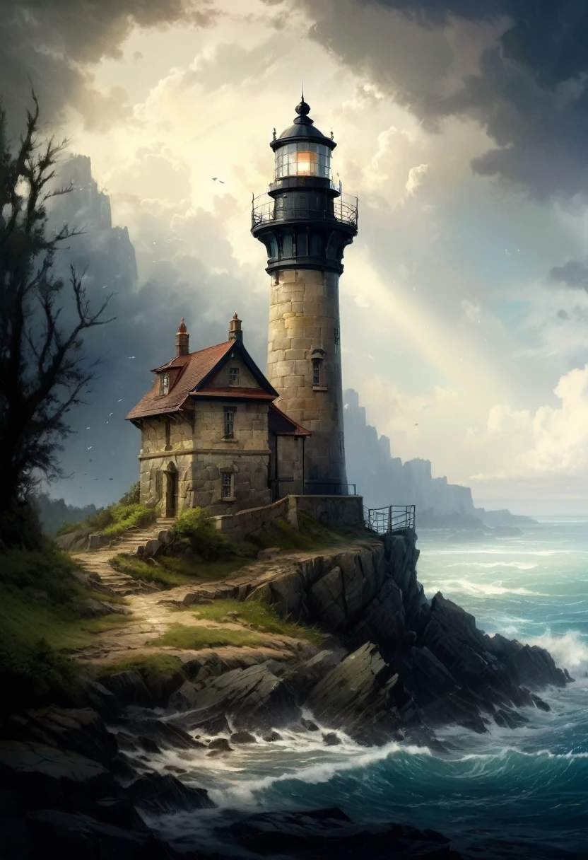 painting of a lighthouse on a rocky island with a cloudy sky, lighthouse, realistic fantasy painting, beautiful oil matte painting, light house, painted by andreas rocha, fantasy painting hd, 4k highly detailed digital art, by Andreas Rocha, background artwork, realistic fantasy artwork, high quality digital painting, dramatic artwork, 4k fantasy art, detailed painting 4 k