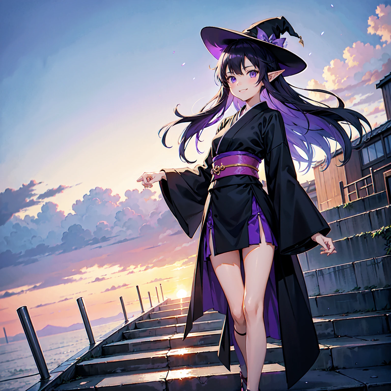 A girl with long violet-purple hair. Pointy elf ears. Her clothes are simple: a black robe with wide sleeves and a black miniskirt. Her knees are showing. The front has a V-shaped white insert like a kimono. A big smile. A witch's hat with purple ribbons on either side. Gentle face. Background, bright picture, Makoto Shinkai, floating long staircase, floating in air, staircase above clouds, illustration, nostalgic, vivid, background only, bright, fresh, stairs, sunset.