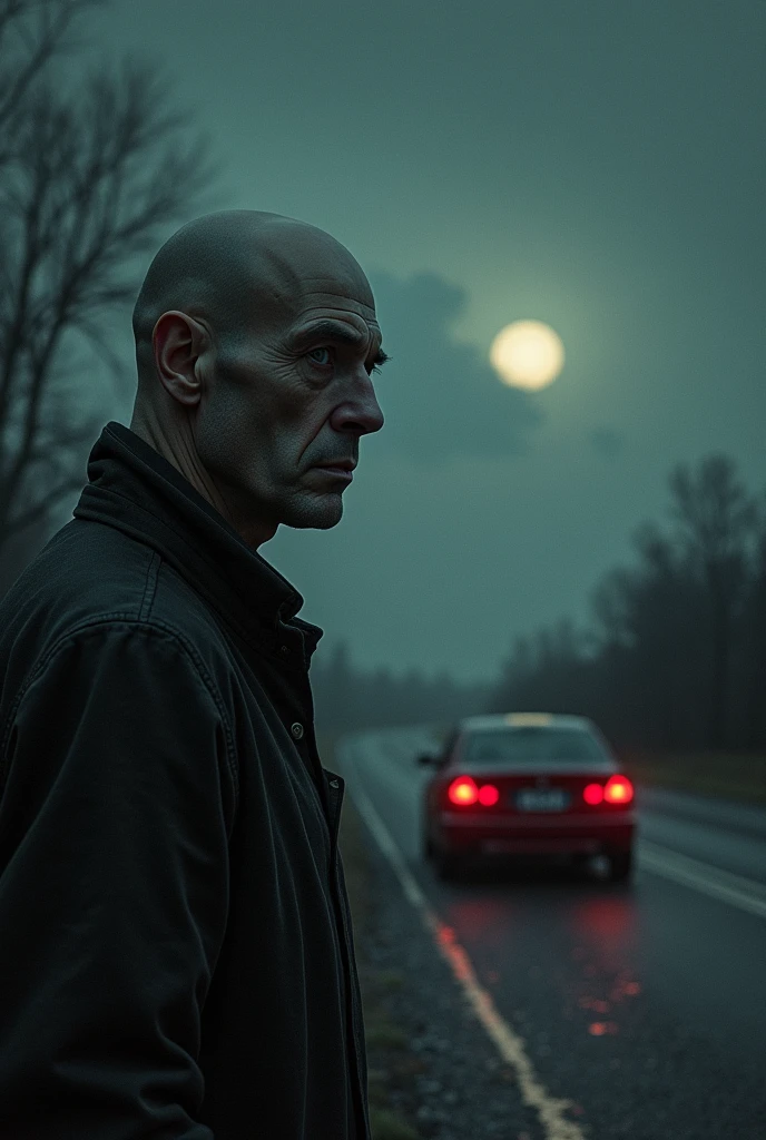 A strange, bald man stands outside by a car, warning the travelers that the sun is going down. The atmosphere is unsettling, with a darkening sky and an ominous tone."