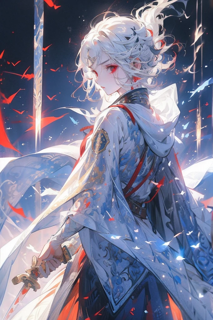 1 guy, short haircut, White hair, young, in a cape, with a hood, Red eyes, sword on belt, put on bag