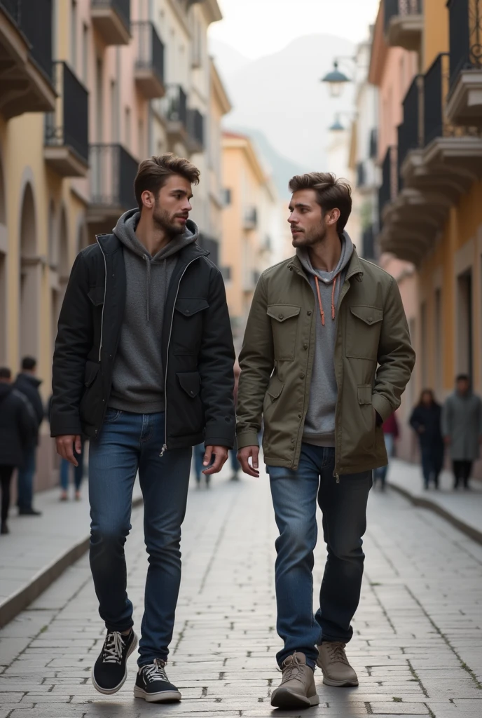 Create a picture of a two male bestfriend and he is walk or vallage street,