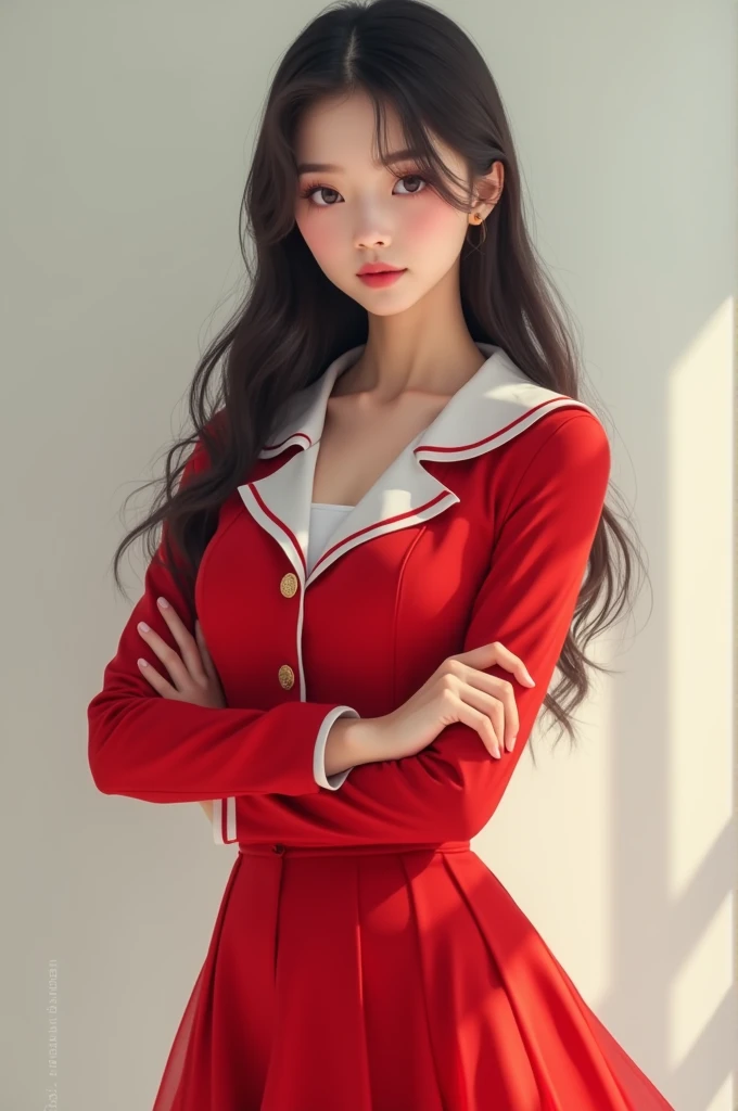 Beautiful woman wearing red and white school uniform is posing