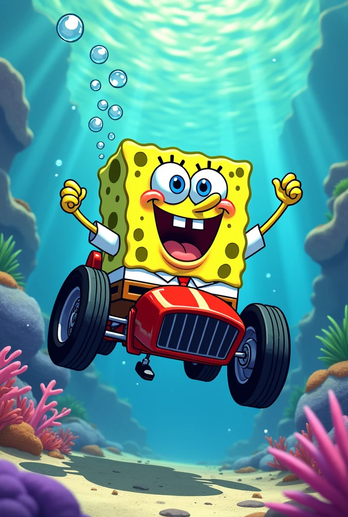 Spongeboib Squarepants race in a sport car, underwater, Very detailed, comic