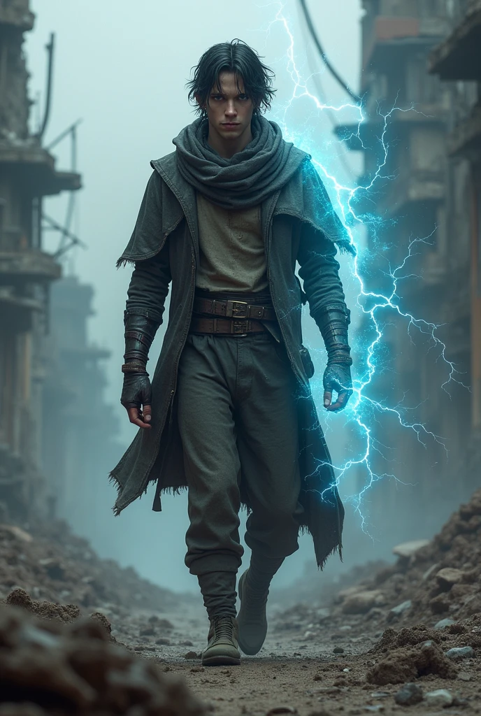Generate a character named Orion in a post-apocalyptic setting, he has medium black hair, deep, well-defined dark blue eyes ,pale skin, athletic body. Orion has a closed personality, its power and electricity. he is young, about 20 years old, and square and wears worn and dirty clothes