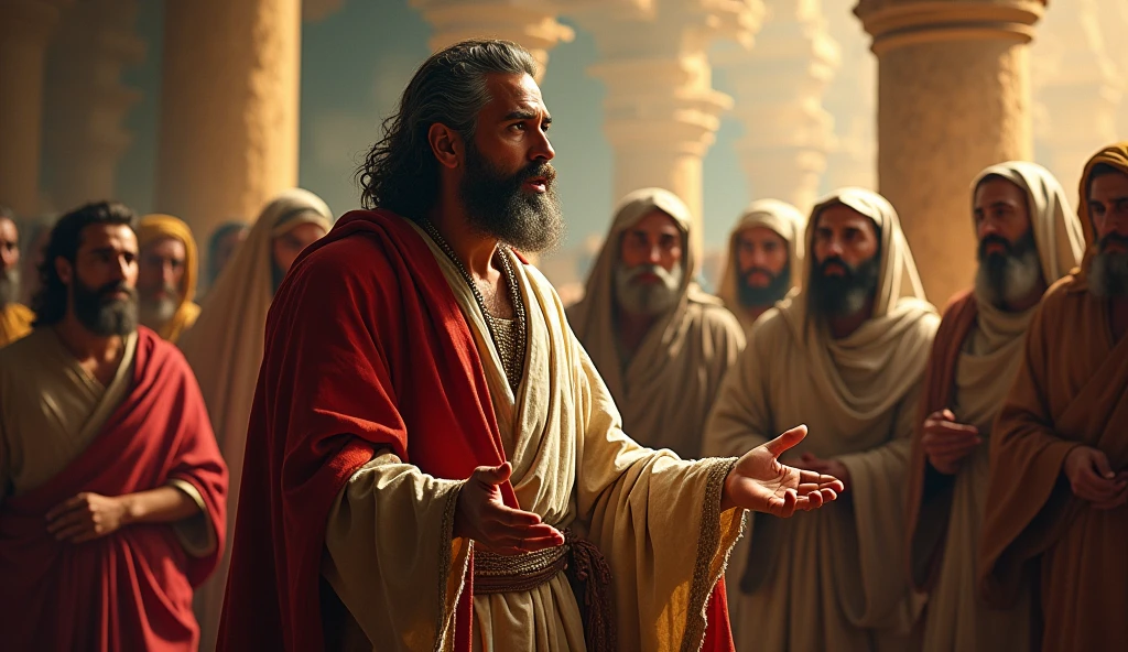 Jeremiah calls the Israelites to repentance, The cry of the prophet,Meetings with large numbers of people, papyrus,Weathered parchment,Old dresses,,Historical reference,High quality art and details,Realistic portrait style,Subtle color palette,vibrant background,natural textures,deep-shadows,subtle highlights,historical accuracy,meticulous attention to detail,Emotional depth and intensity,Authentic Representation,thought-provoking,spiritual atmosphere,A Sense of Ancient Wisdom,Deep Impact