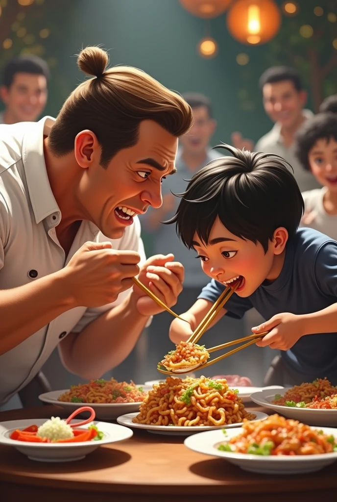 Create a robust man with buttoned clothes of 1.90 with brown hair approximately 25 years old in an eating competition with his 1 year old student.60 with black hair and approximately 13 years old 
