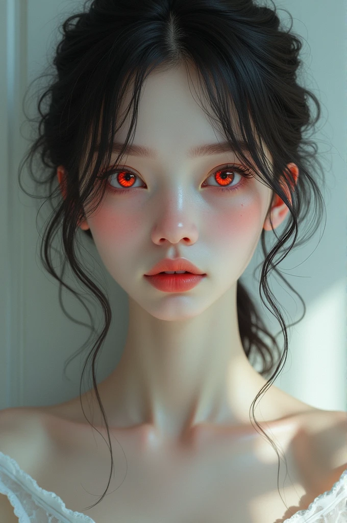 A girl with a beautiful body, white face and red eyes