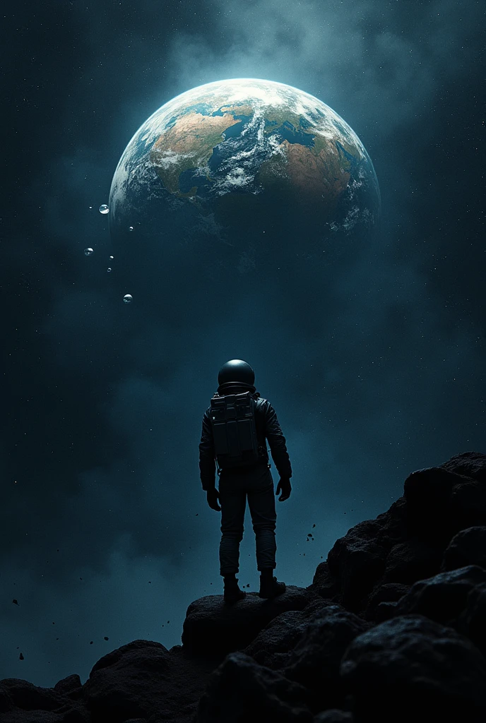  A man floating in space 
Watching the Earth Shattered 
