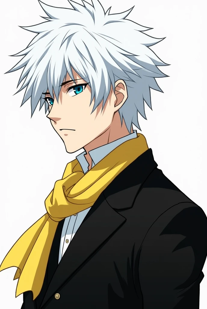 Chrollo Lucifer from Hunter X Hunter, with white hair and dark blue eyes , make him with a neutral face, make the drawing in manga style, make him in a sideways pose, don't forget to make his eyes a very dark blue , and the outfit with an elegant black suit closed and a yellow scarf.