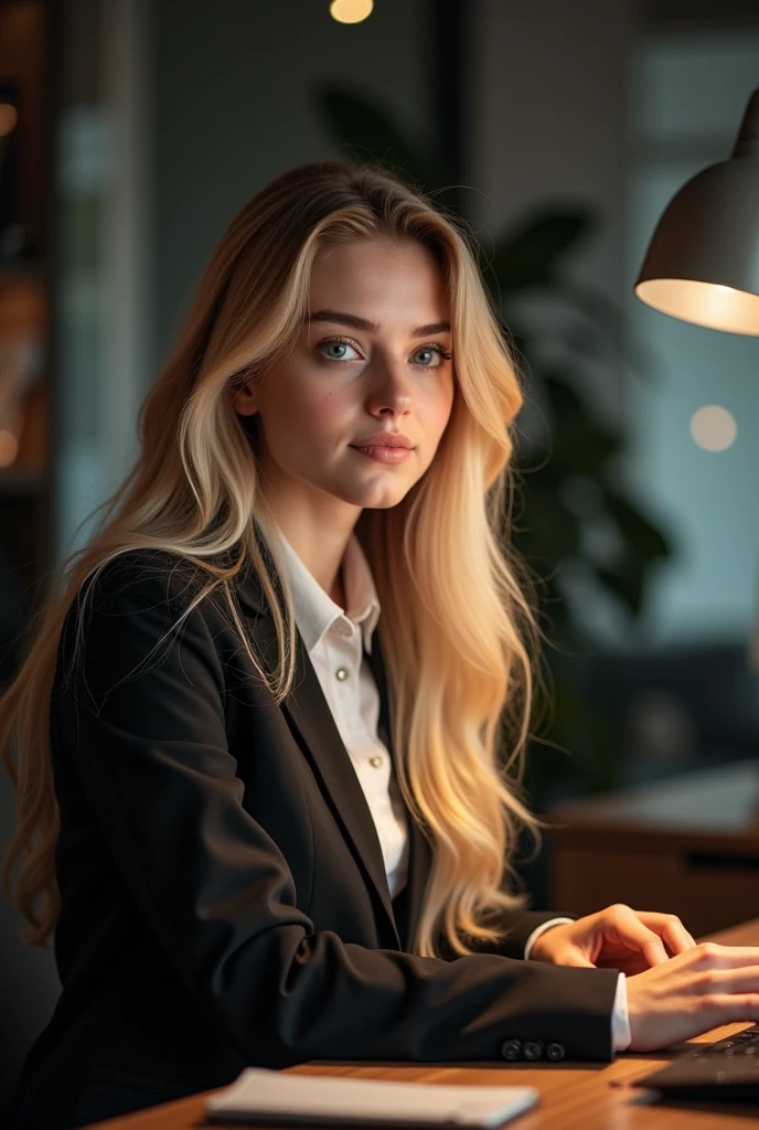 beautiful girl with long blond hair, detailed eyes, nose, and lips, noseить профессиональную одежду, sitting in his office, using her computer, компьютер HP (Best quality,4K,8 K,a high resolution,masterpiece:1.2),ultra detailed,(realistic,photorealistic,photo-realistic:1.37),HDR,studio lighting,very detailed face and body, portrait,cinematic lighting,dramatic lighting,warm color tones,Dramatic colors