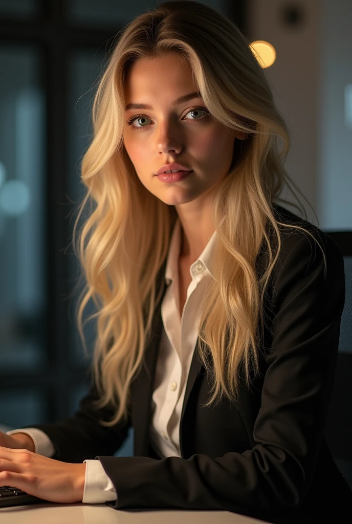 beautiful girl with long blond hair, detailed eyes, nose, and lips, noseить профессиональную одежду, sitting in his office, using her computer, компьютер HP (Best quality,4K,8 K,a high resolution,masterpiece:1.2),ultra detailed,(realistic,photorealistic,photo-realistic:1.37),HDR,studio lighting,very detailed face and body, portrait,cinematic lighting,dramatic lighting,warm color tones,Dramatic colors