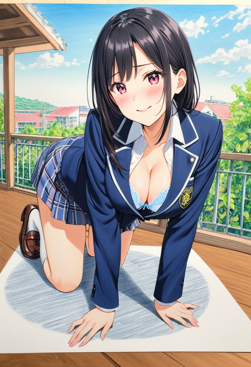 One Woman、On all fours、cleavage、Embarrassed face、blush、high school girl、bra、Fair skin、blazer、socks、loafers、Black Hair、art、The background is the roof of the school、blue sky、Colored pencil drawing,draft