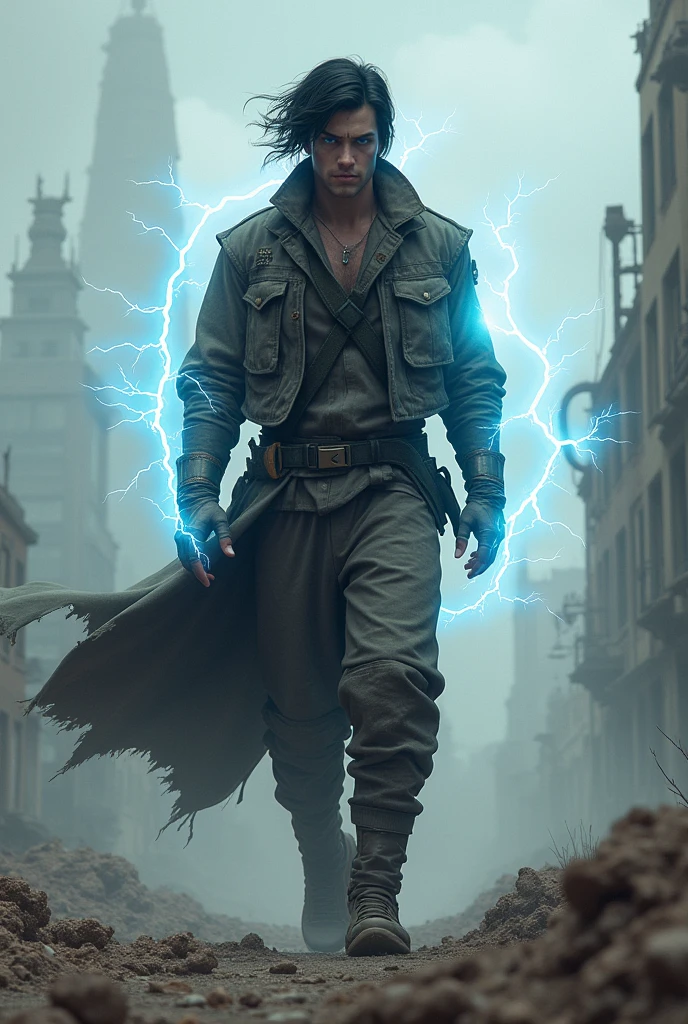 Generate a character named Orion in a post-apocalyptic setting, he has medium black hair, deep, well-defined dark blue eyes ,pale skin, athletic body. Orion has a closed personality, its power and electricity. he is young, about 20 years old, and square and wears worn and dirty but common clothes