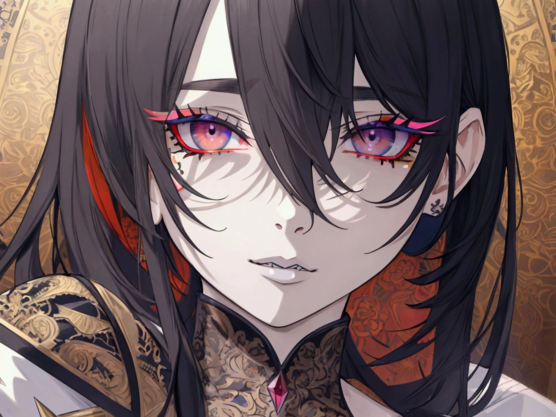 (masterpiece:1.3), (absurdres:1.3), (best quality:1.3), (8K), (large masterpiece digital art), (detailed manga illustration), (handled hair), perfect anatomy, (sharp eyeliner, eyeshadow, detailed eyes:1.1), (intricate details:1.3), (ultra-detailed:1.3), (illustration:1.3), (sharp focus:1.3), (natural lighting:1.05), (vivid colors:1.3), BREAK, 1boy, line art, Vampire, mafia, gangster, sitting on sofa, glare