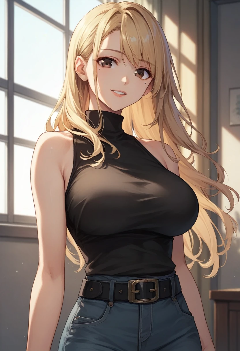 Tsukumo Yuki 1girl,solo,long hair,breasts,looking at viewer,smile,blonde hair,large breasts,shirt,brown eyes,bare shoulders,brown eyes,upper body,parted lips,sleeveless,belt,pants,indoors,mole,black shirt,mole under eye,window,sleeveless shirt,turtleneck,black belt