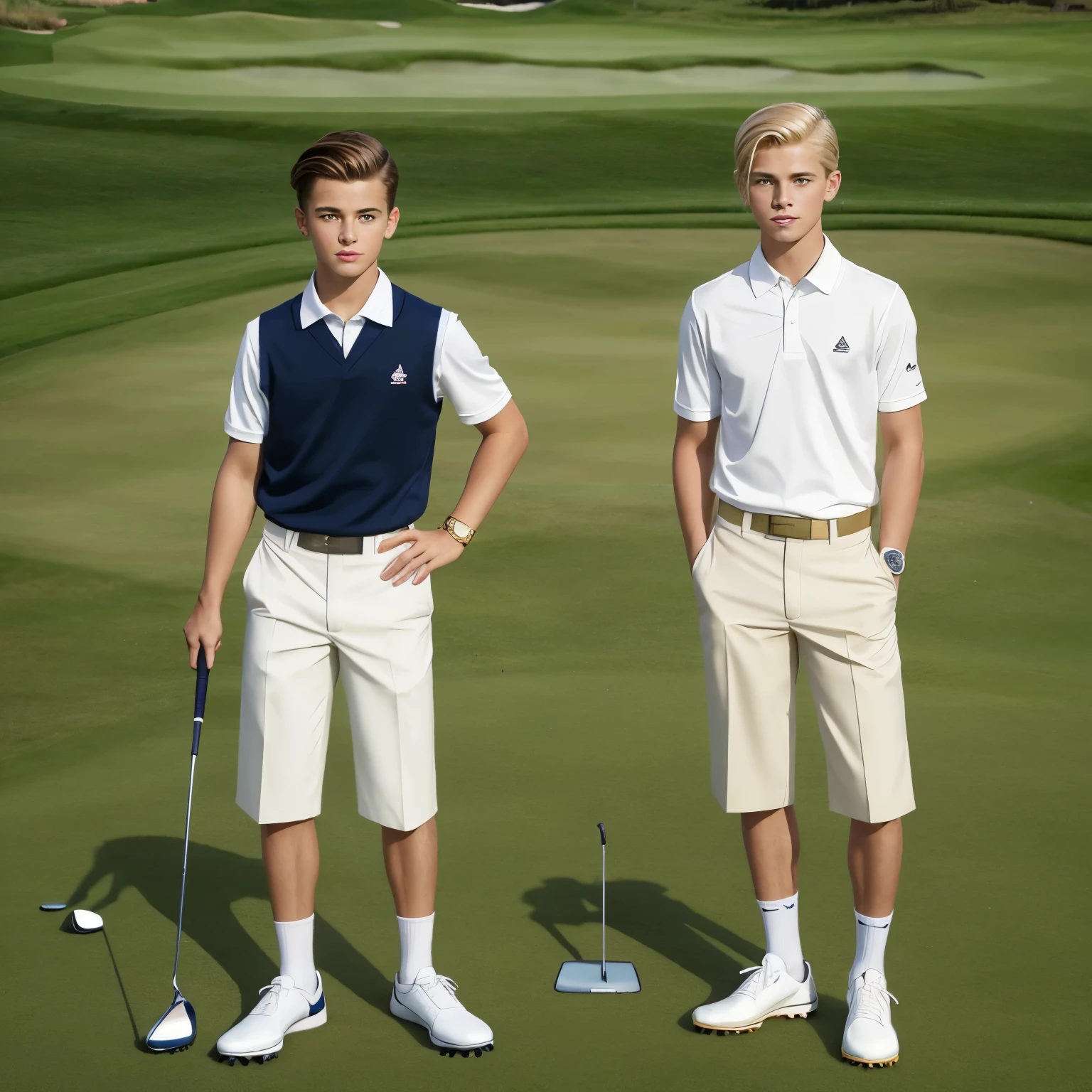 ung different aristocratic young slim kidsth clean preppy undercut haircuts, one blonde, the other one is lohight-brown haired, wearing long white socks, golf shoes, short golf pants, navy-blazers with embroyederies, gold signet ancient ring, playing golf in a magnificent scottish golf yard